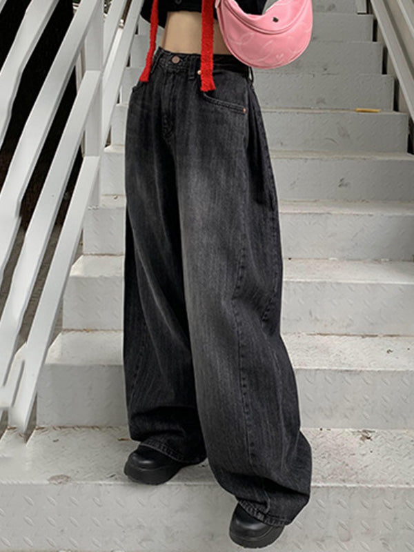 Pleated Split-Joint High Waisted Loose Jean Pants Bottoms