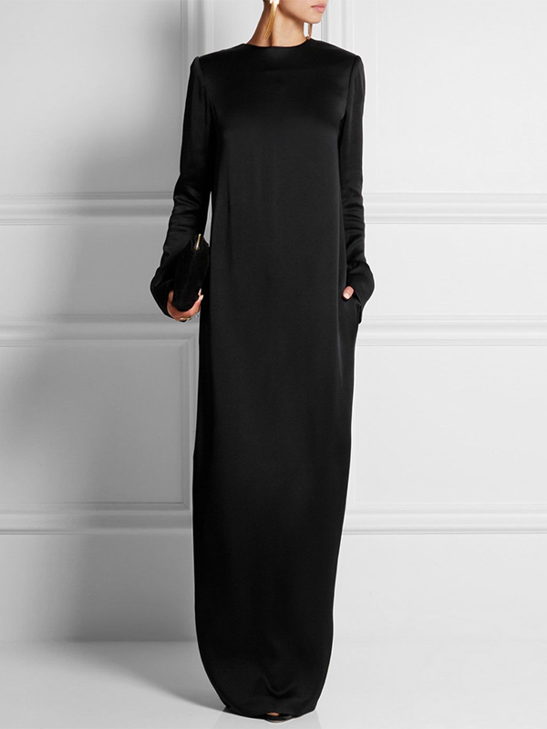 Long Sleeves Loose Solid Color Round-Neck Maxi Dresses