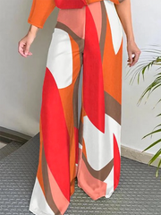 Loose Contrast Color Printed V-Neck Jumpsuits