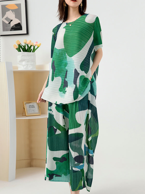 Original Loose Short Sleeves Contrast Color Printed Round-Neck T-Shirt Tops&Wide Legs Pants Two Pieces Set