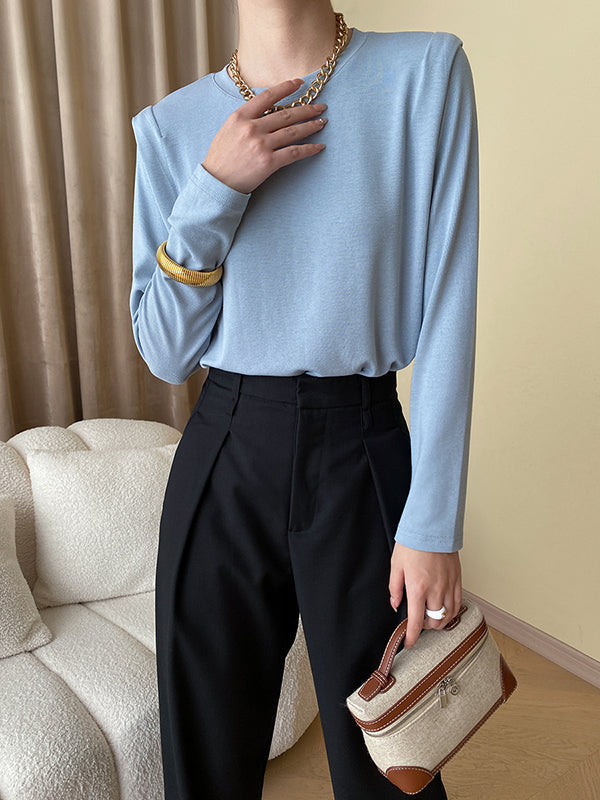 Solid Color Split-Joint Long Sleeves Round-Neck T-Shirts Tops