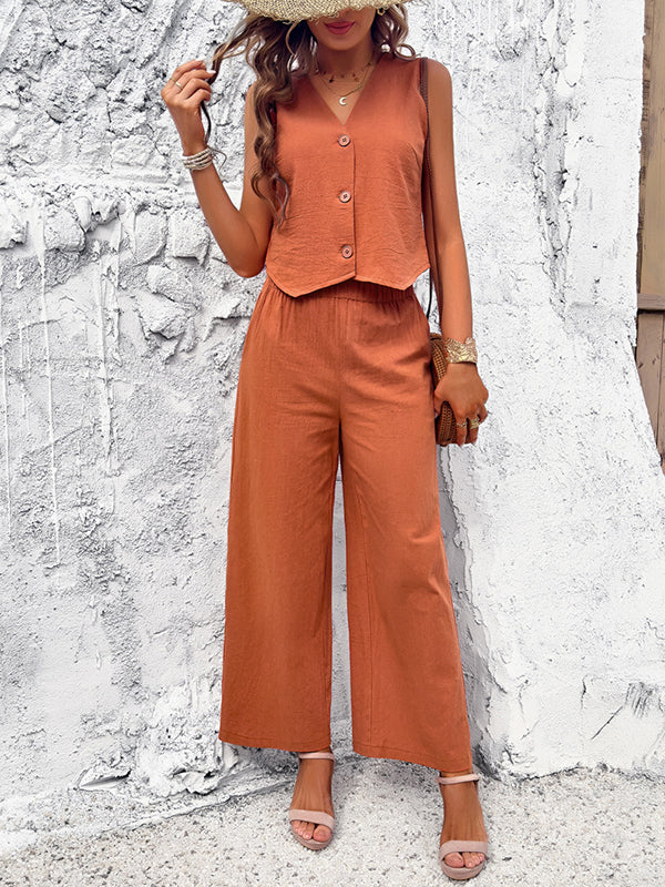 Buttoned Solid Color Loose Sleeveless V-Neck Vest Top + Pockets Elasticity Two Pieces Set