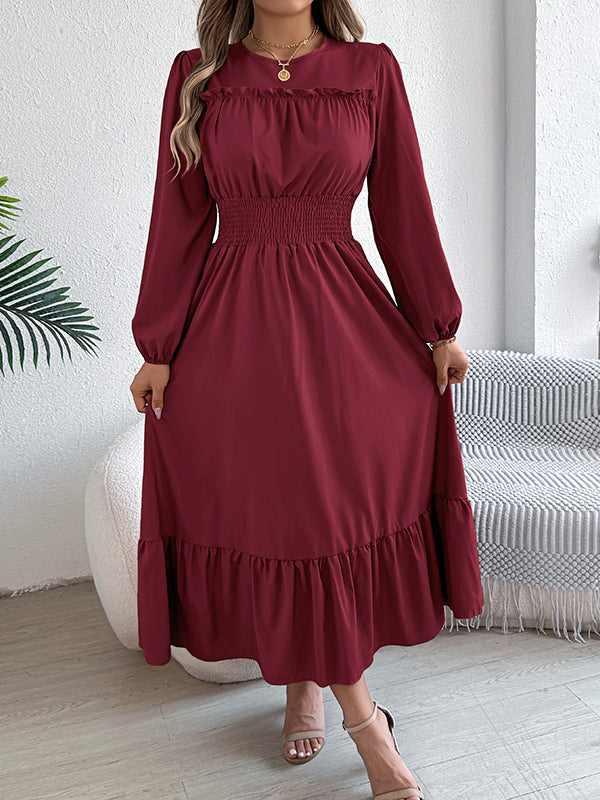 Pleated Solid Color A-Line Elasticated Waist Round-Neck Maxi Dresses