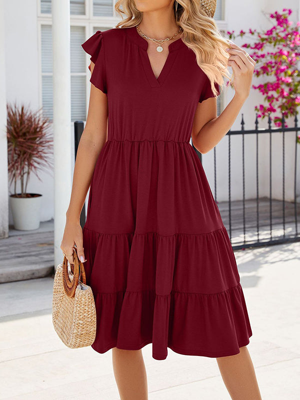 Pleated Pockets Solid Color Split-Joint Loose Ruffle Sleeves V-Neck Midi Dresses