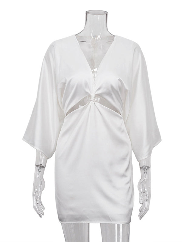 Hollow Knot Solid Color Split-Joint Zipper High Waisted Three-Quarter Sleeves Deep V-Neck Mini Dresses