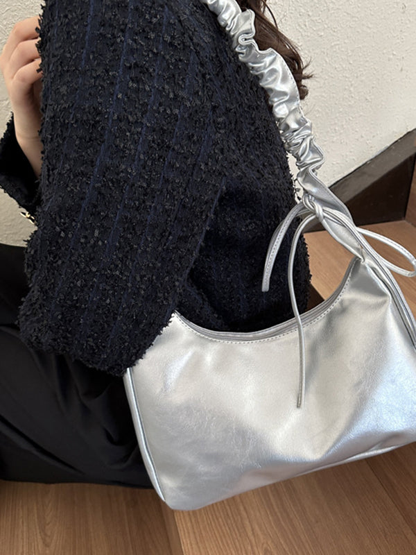Geometric Pleated Solid Color Zipper Shoulder Bags Handbags