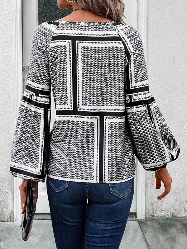 Elasticity Print Tied Long Sleeves Loose V-Neck Blouses&Shirts Tops