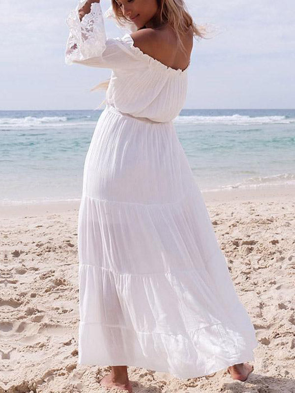 Pleated Solid Color Split-Joint High Waisted Loose Off-the-shoulder Maxi Dresses