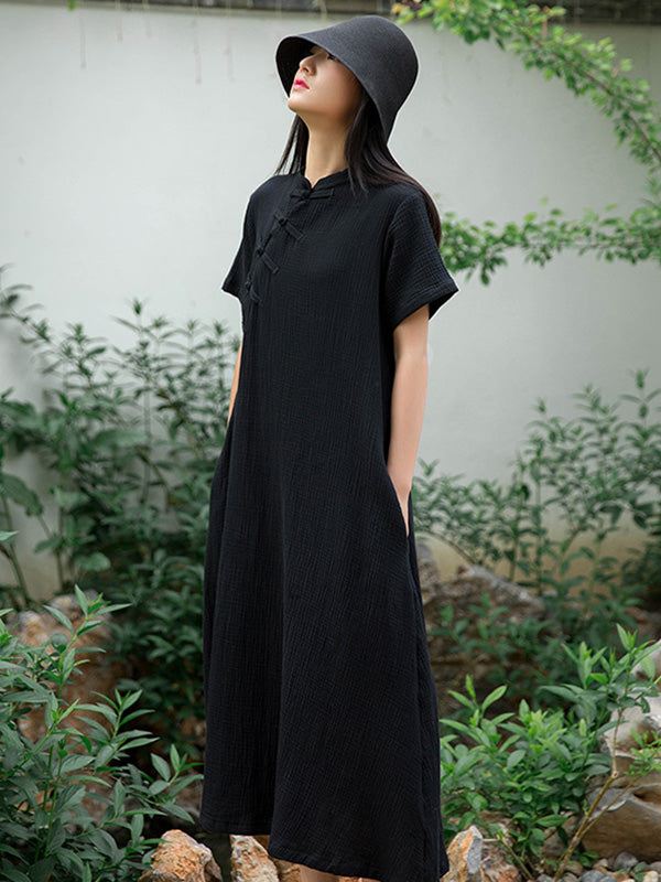 Frog Stand Collar Short Sleeve Loose Long Cheongsam