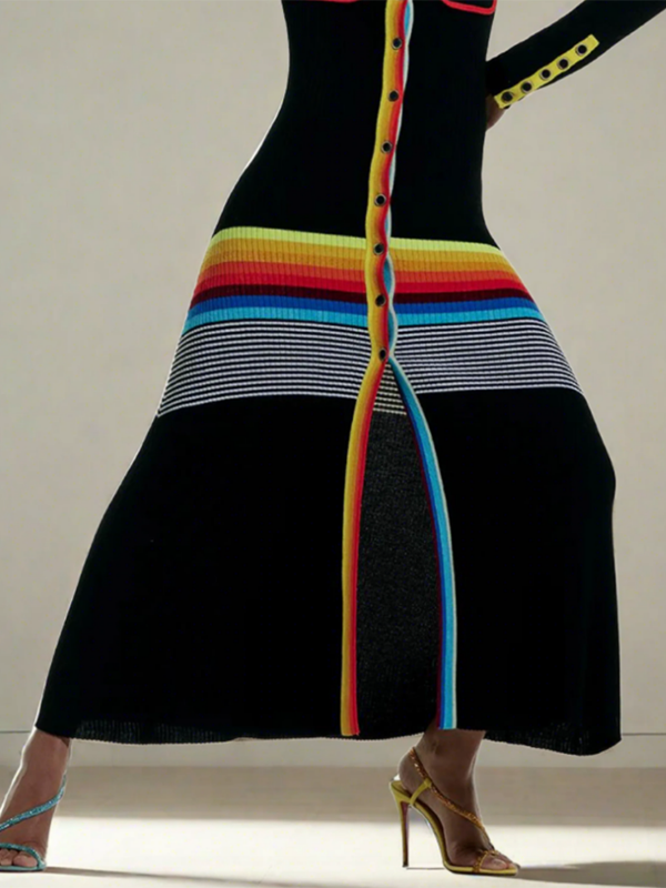 Buttoned Contrast Color Striped Long Sleeves Skinny Lapel Shirt Dress Maxi Dresses