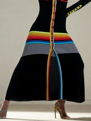Buttoned Contrast Color Striped Long Sleeves Skinny Lapel Shirt Dress Maxi Dresses