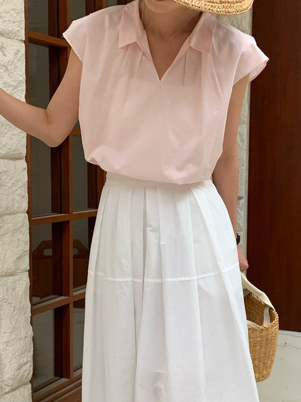 Solid Color Cap Sleeve Loose Lapel Blouses&Shirts Tops