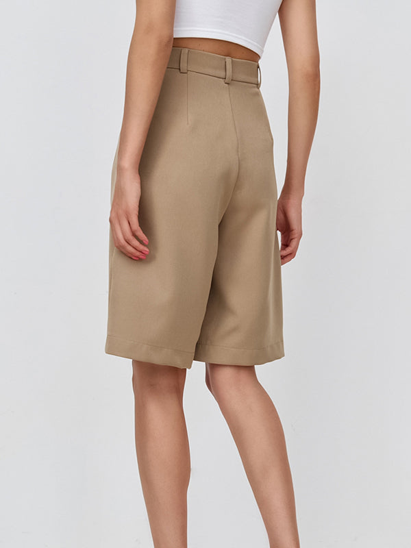 Pleated Solid Color Split-Joint High Waisted Loose Shorts Bottoms Half Pants