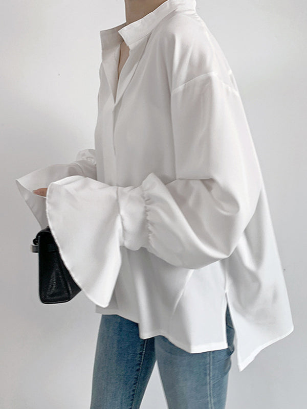 Buttoned Solid Color Split-Side Flared Sleeves High-Low V-Neck Blouses&Shirts Tops