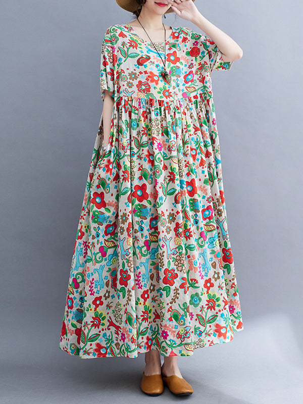 Pleated Printed Split-Joint Loose Short Sleeves Round-Neck Midi Dresses