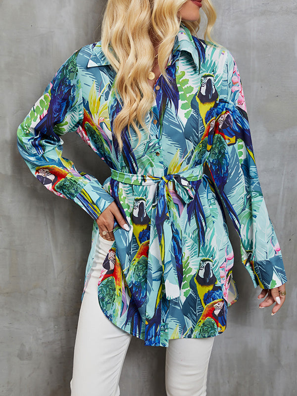 Buttoned Printed Split-Joint Tied Waist Long Sleeves Loose Lapel Blouses&Shirts Tops