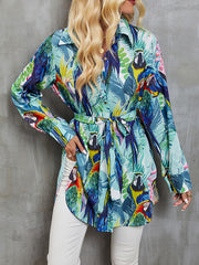 Buttoned Printed Split-Joint Tied Waist Long Sleeves Loose Lapel Blouses&Shirts Tops
