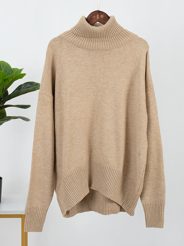 Casual Long Sleeves Loose Solid Color High-Neck Sweater Tops