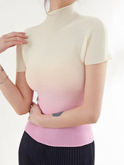 Gradient Pleated Short Sleeves Mock Neck T-Shirts Tops
