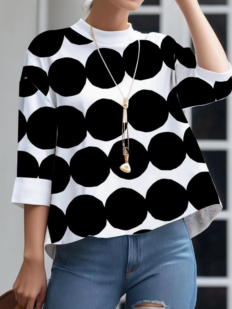 Polka-Dot Loose Three-Quarter Sleeves Stand Collar T-Shirts Tops