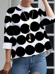 Polka-Dot Loose Three-Quarter Sleeves Stand Collar T-Shirts Tops
