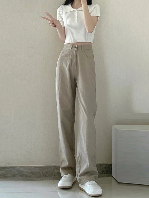 Casual High Waisted Solid Color Wide Leg Pants