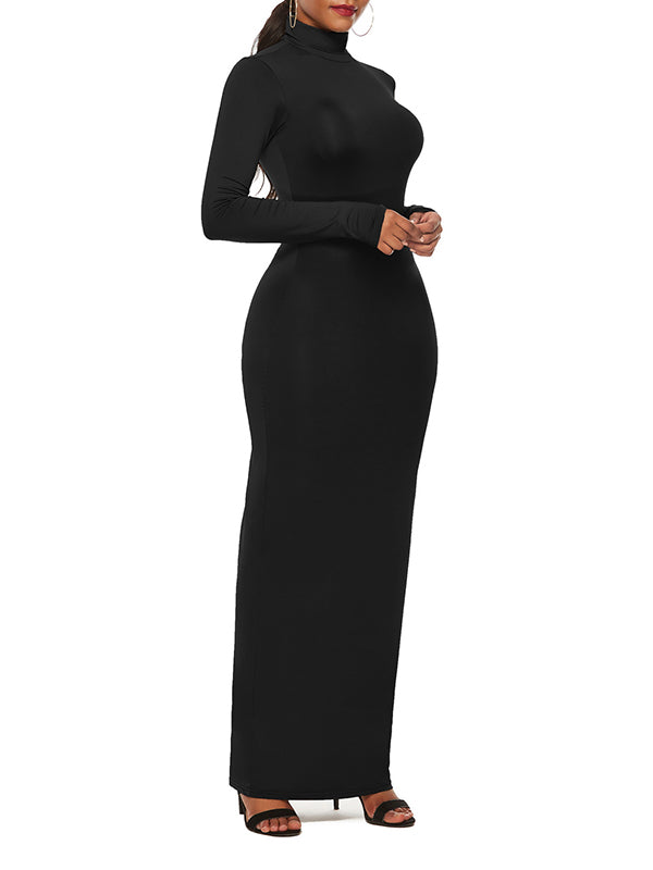 Solid Color Bodycon Long Sleeves High Neck Maxi Dresses