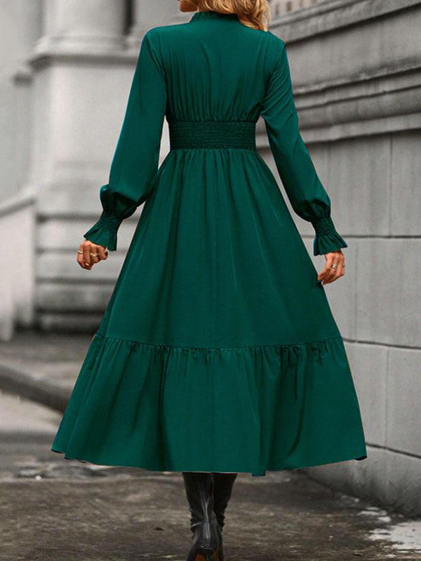 Elasticity Pleated Solid Color A-Line Flared Sleeves V-Neck Midi Dresses
