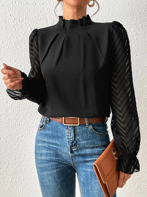 Elasticity Mesh Pleated Solid Color Long Sleeves Loose Mock Neck Blouses&Shirts Tops