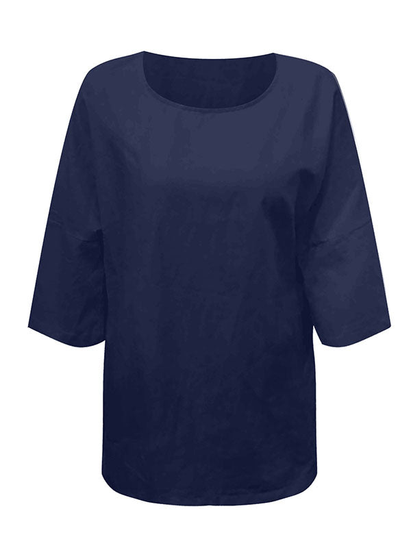 Solid Color Split-Joint Split-Side Linen Three-Quarter Sleeves Round-Neck T-Shirts Tops