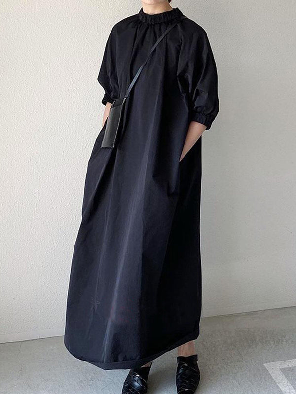 Pleated Split-Joint Zipper Loose Puff Sleeves Stand Collar Shirt Dress Maxi Dresses