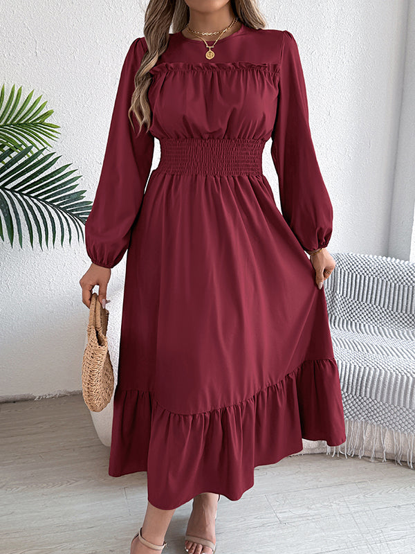 Pleated Solid Color A-Line Elasticated Waist Round-Neck Maxi Dresses