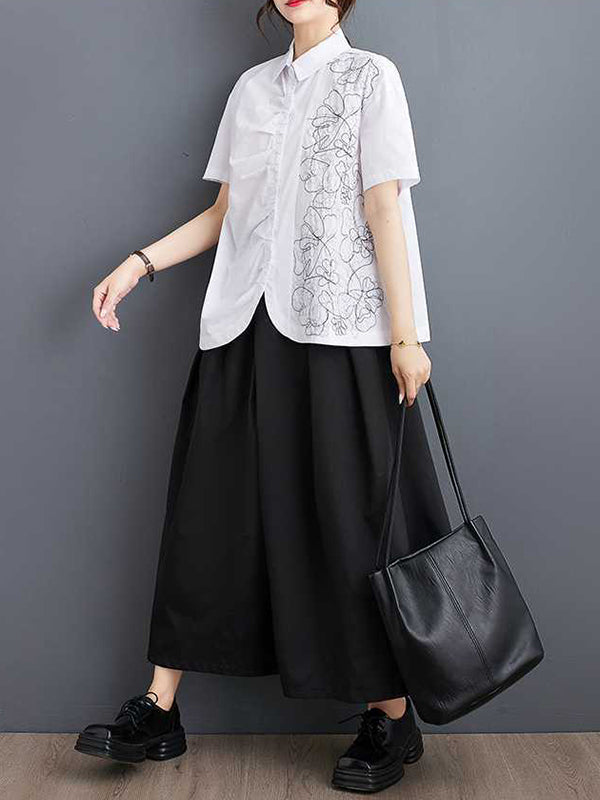 Buttoned Embroidered Pleated Irregularity Loose Lapel Collar Blouses&Shirts Tops