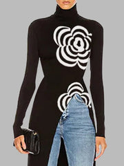 Asymmetric Printed Split-Joint Long Sleeves High Neck T-Shirts
