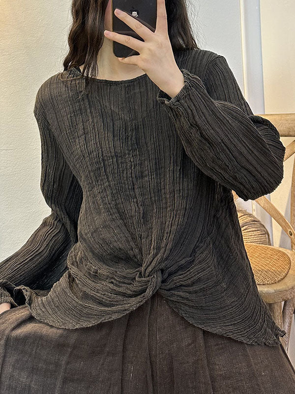 Pleated Solid Color Long Sleeves Loose Round-neck Blouses&shirts Tops