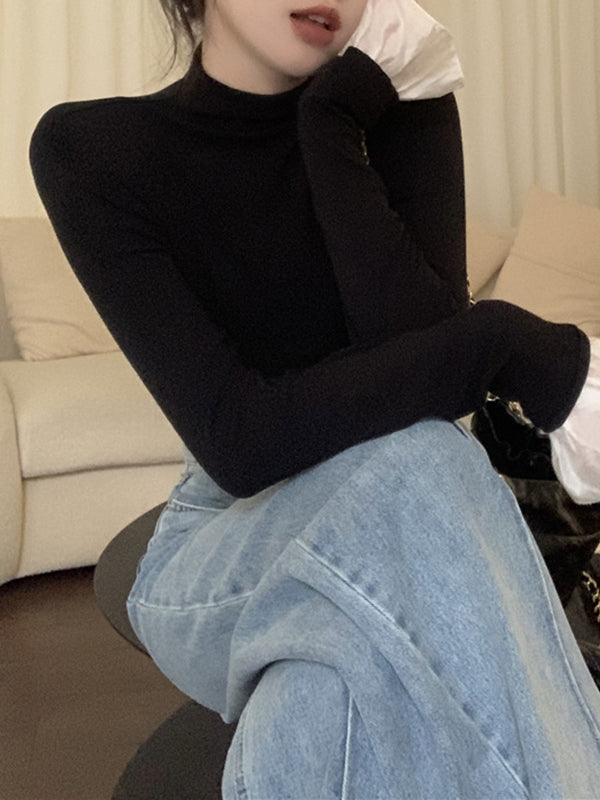 Pleated Split-Joint Long Sleeves Skinny High Neck T-Shirts