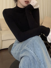 Pleated Split-Joint Long Sleeves Skinny High Neck T-Shirts