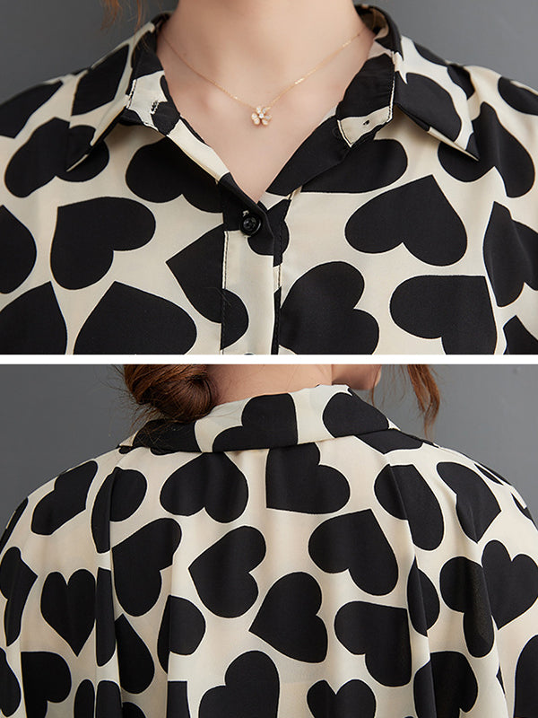 Heart Print Batwing Sleeves Irregular clipping Lapel Midi Dresses