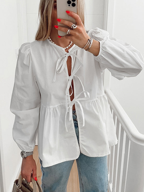 Elasticity Solid Color Split-Joint Tied Long Sleeves Loose Round-Neck Blouses&Shirts Tops