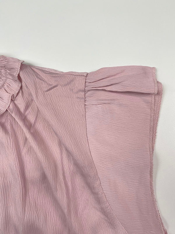Pleated Solid Color Loose Ruffle Sleeves V-Neck T-Shirts Tops