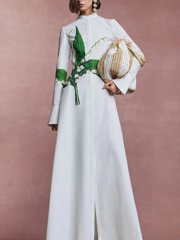 Buttoned Flower Print A-Line Long Sleeves Round-Neck Maxi Dresses