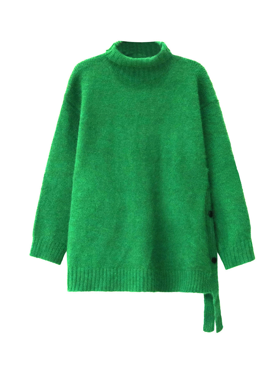 Buttoned Ribs Solid Color Split-Joint Irregularity Long Sleeves High Neck Sweater Tops