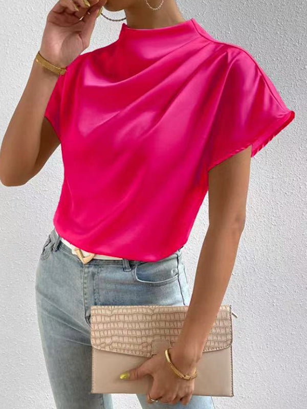 Pleated Solid Color Loose Short Sleeves Mock Neck T-Shirts Tops
