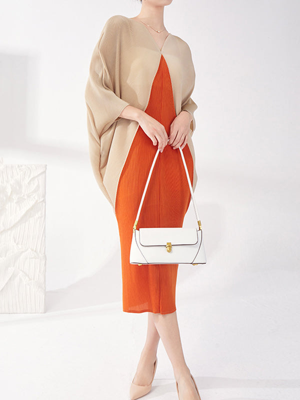 Contrast Color Pleated Batwing Sleeves Loose Round-neck Midi Dresses