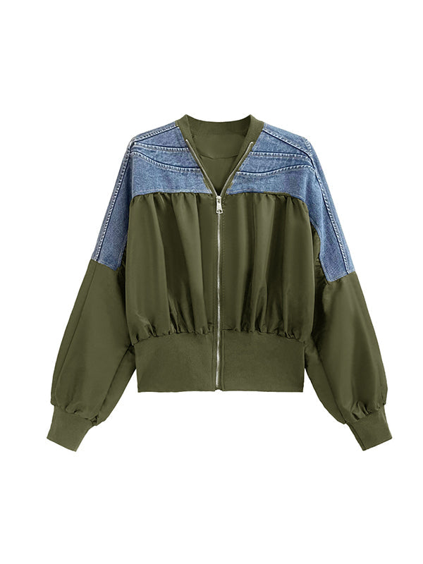 Pleated Split-Joint Zipper Long Sleeves Loose V-neck Outerwear Jackets