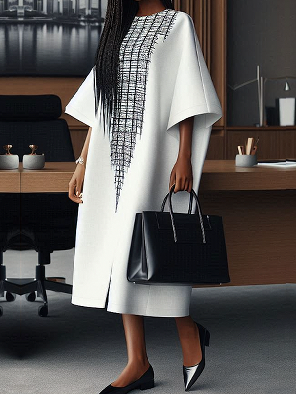 Loose Three-Quarter Sleeves Printed Split-Front Round-Neck Midi Dresses