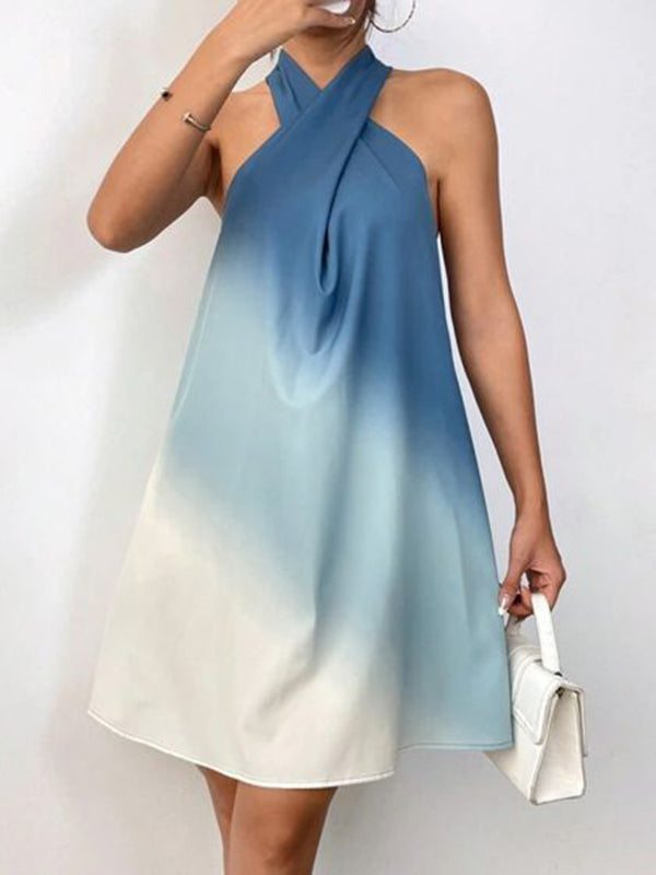 Gradient Knot A-Line Loose Halter-Neck Mini Dresses