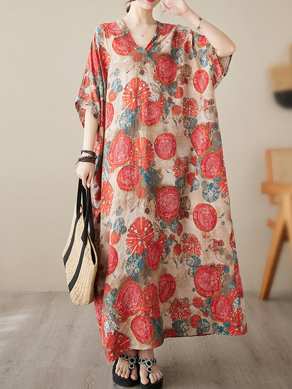Printed Loose Short Sleeves V-Neck Maxi Dresses