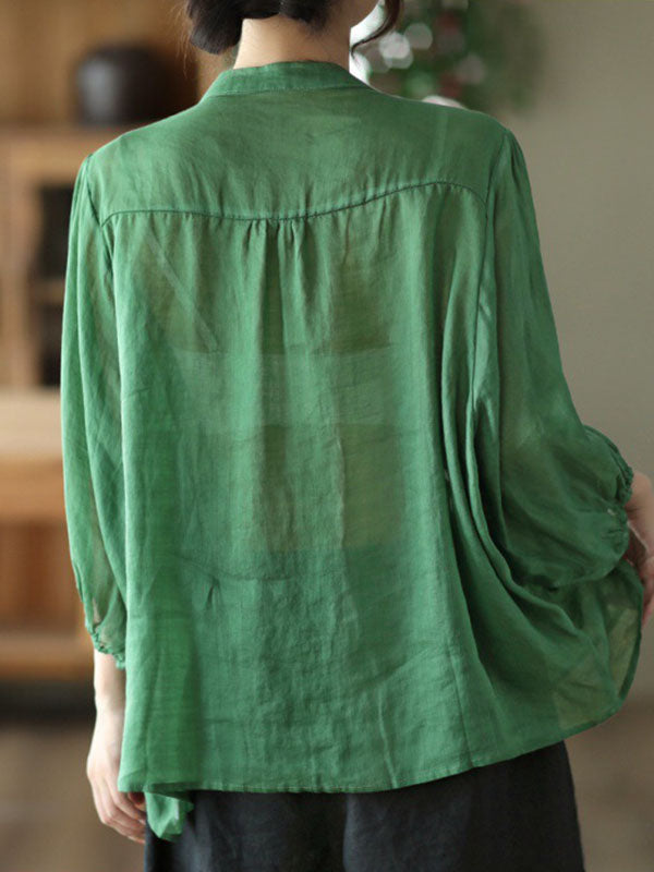 Pleated Solid Color Split-Joint Loose Three-Quarter Sleeves Stand Collar Blouses&Shirts Tops