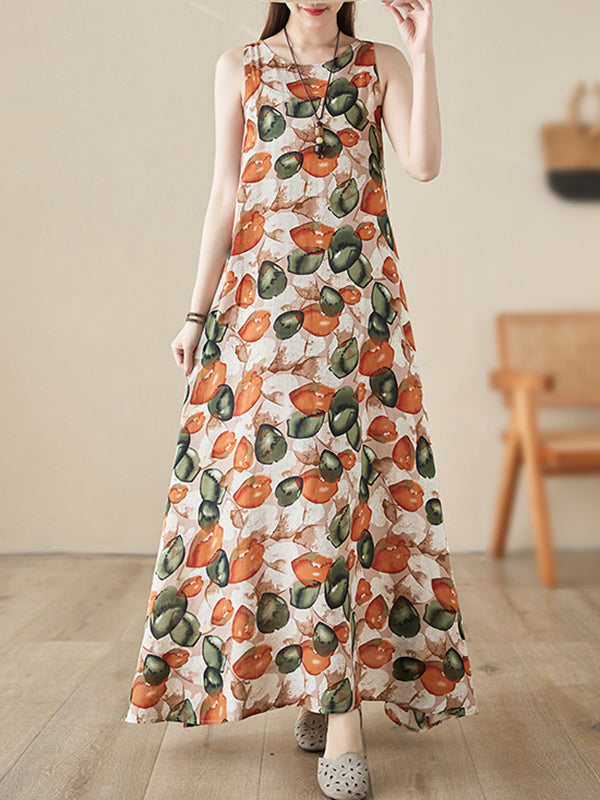 Printed Loose Sleeveless Round-Neck Midi Dresses